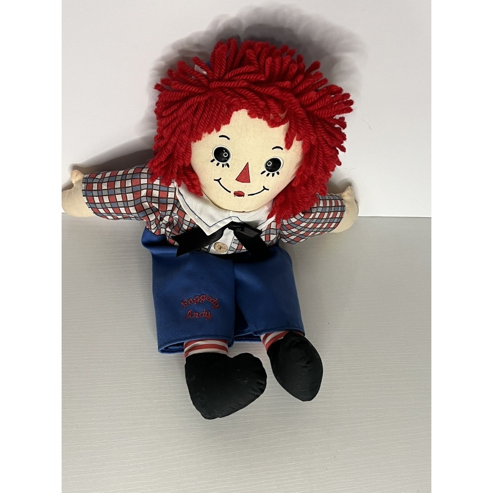 Vintage Raggedy Andy Doll Red Hair Plaid Shirt Blue Pants Embroidered Plush Toy